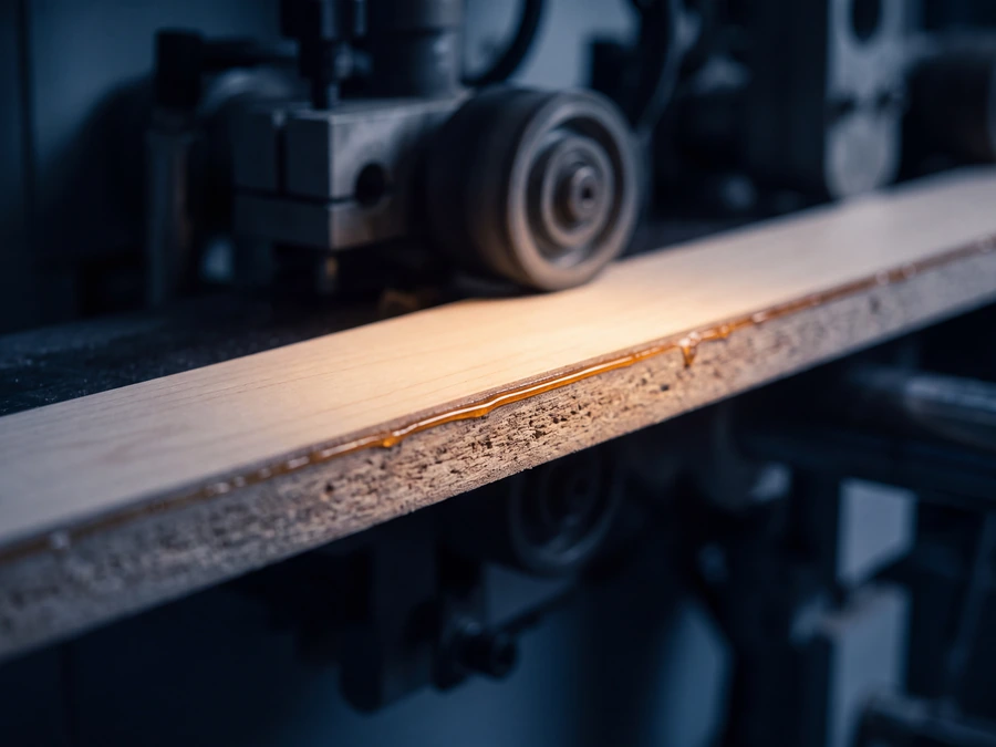 Close-up of an edgebanding operation bonding a laminate strip to a panel edge
