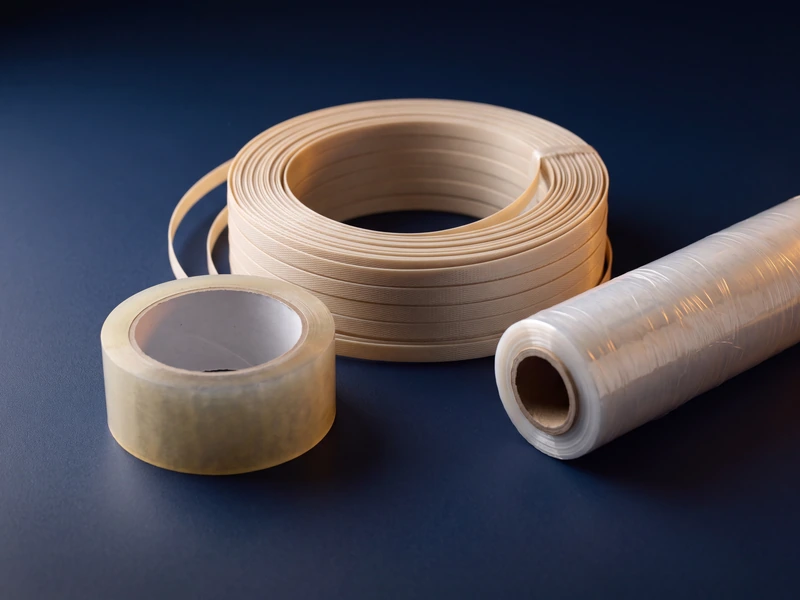 Plain adhesive tape roll, stretch film and strapping band