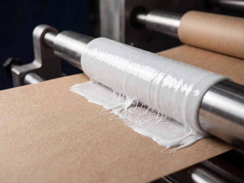Steel roller coating white water-based dispersion adhesive onto a kraft paper web